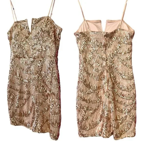 Emerald Sundae Gold Beige V-Wire Sequined Bodycon Dress Size Large - Picture 5 of 15
